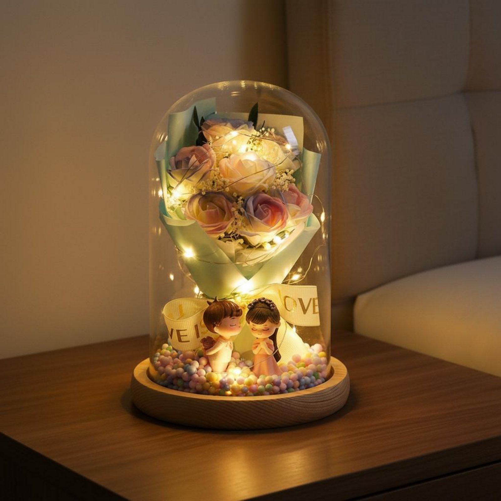 Flower Preservation Resin - Verlichte bloemenlamp met houten voet, handgemaakt,