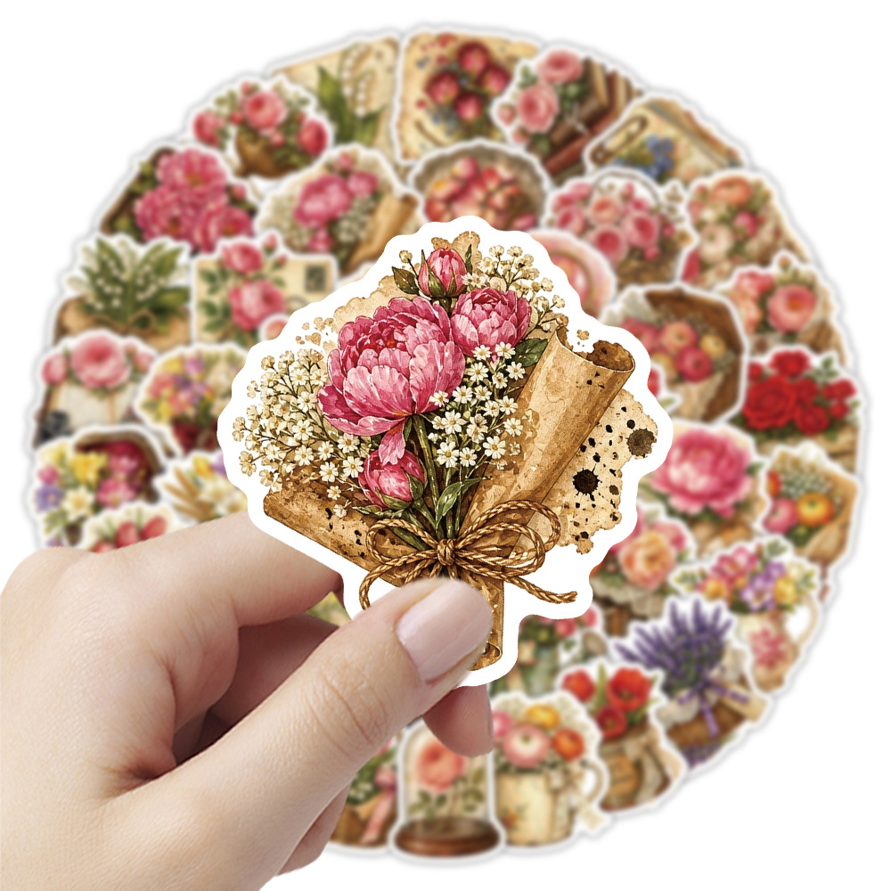 Dried Flower Bulk - 50 stuks vintage bloemenstickers retro gedroogde